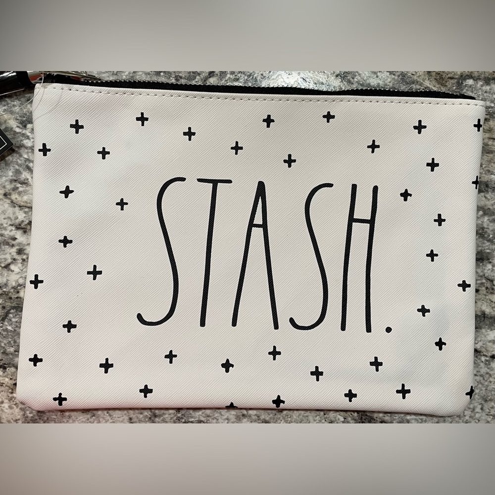 **LOT of FOUR** RAE DUNN White Zippered Faux Leather Cosmetic Bags -  “Stash” - Picture 3 of 3